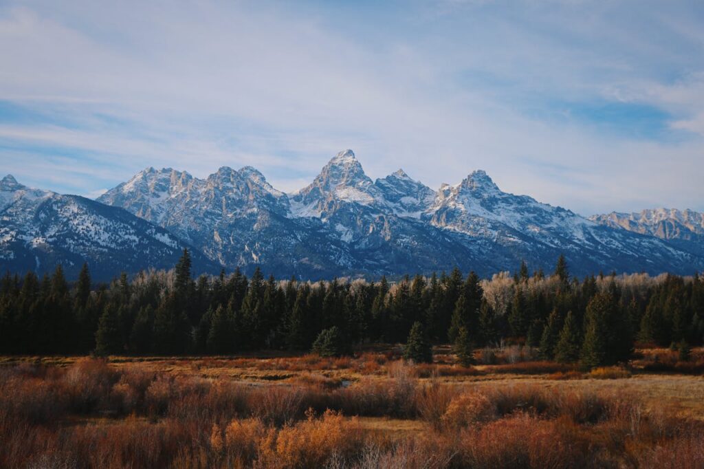 A landscape of the Grand Tetons, the mountain range near Jackson Hole, Wyoming