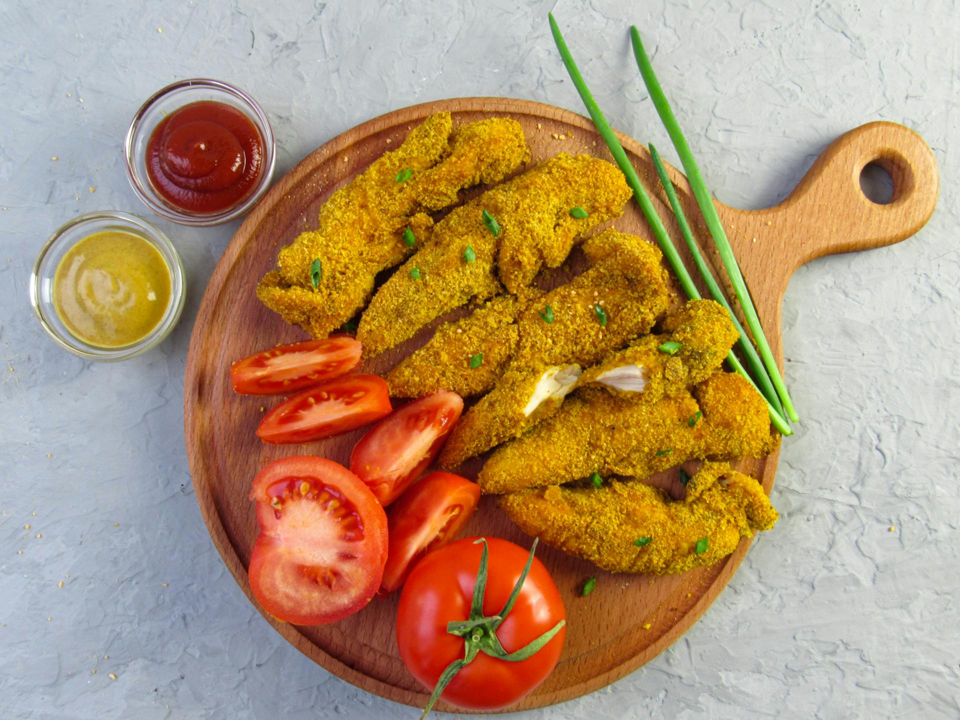 Chicken goujons and sliced tomatoes served on wooden tray