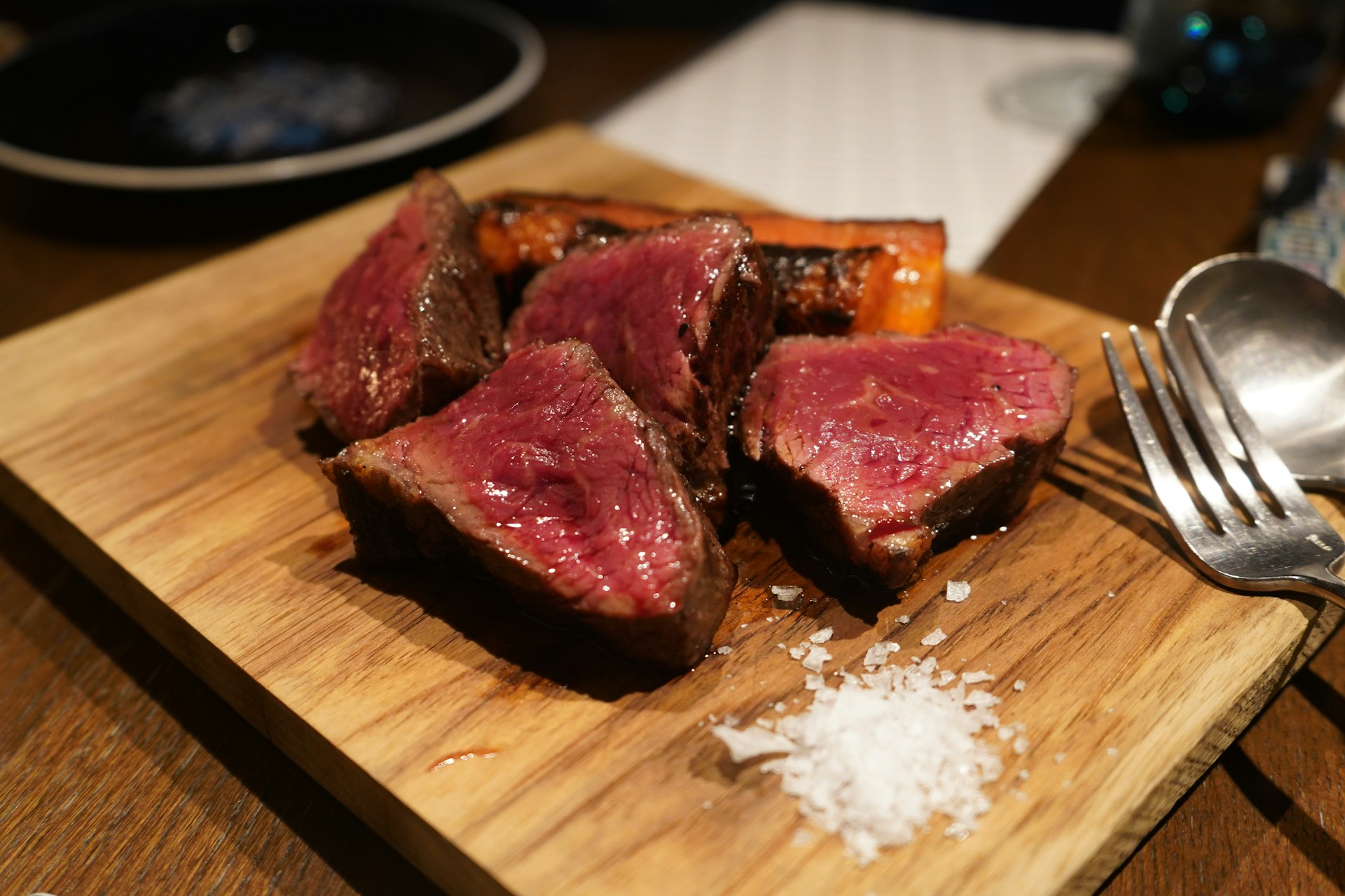 A steak plate with salt at an Italian restaurant