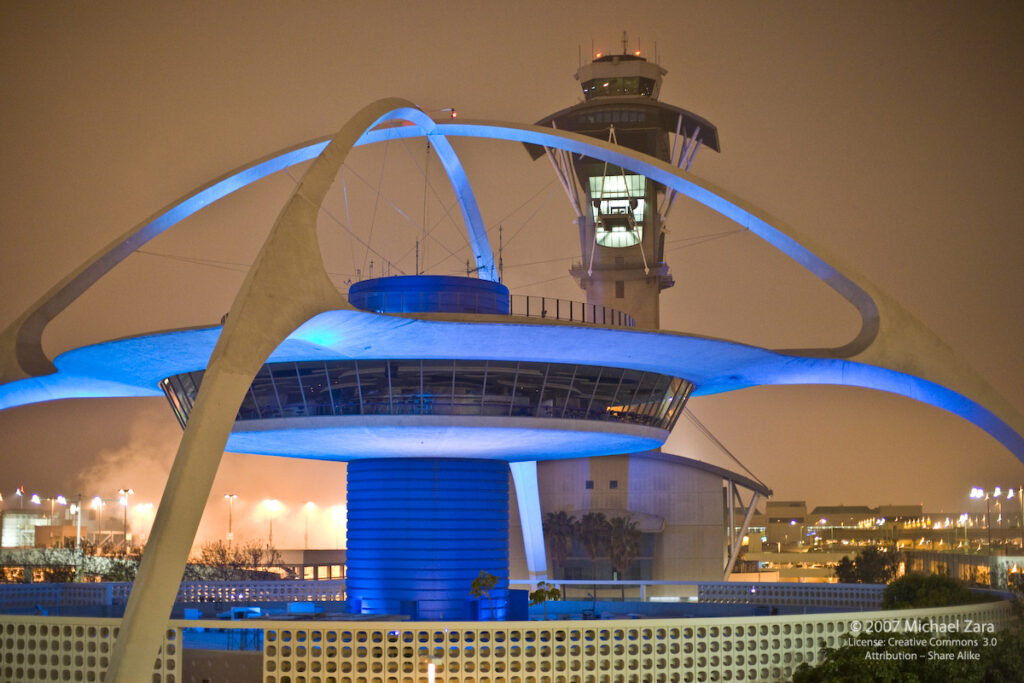 The theme building and control tower at Los Angeles International Airport (LAX).