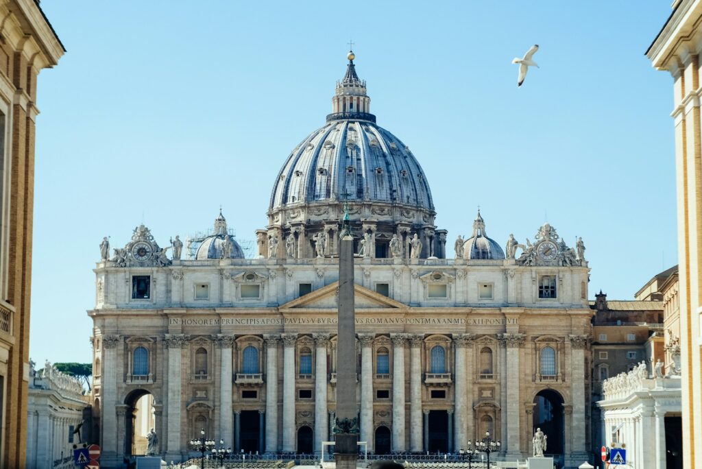 St Peter's Basilica, with its distinct columns and dome.