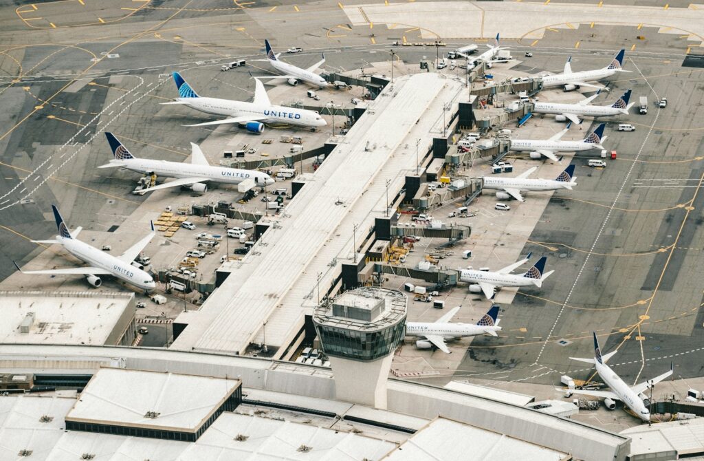Jets line up outside the terminal at Newark Airport